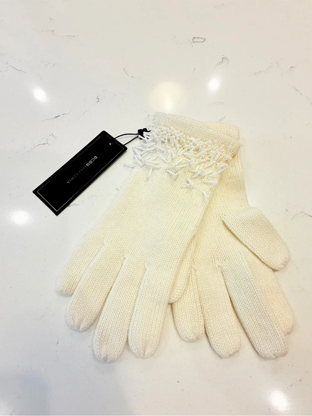 NWT BCBGMaxAzria Ivory Knit Beaded Cuff Gloves